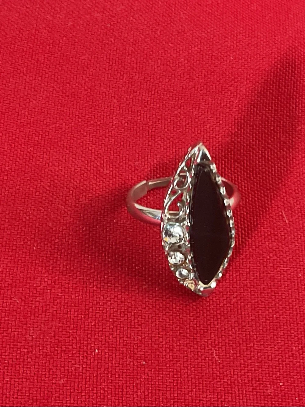 Vintage Emmons Black Marquise Cabochon Rhinestone Adjustable Ring Silver Tone Co